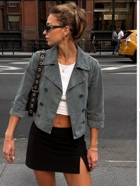 Ruehl No.925 Y2K Grunge Army Green Double Breasted Cropped Utility Jacket Size L